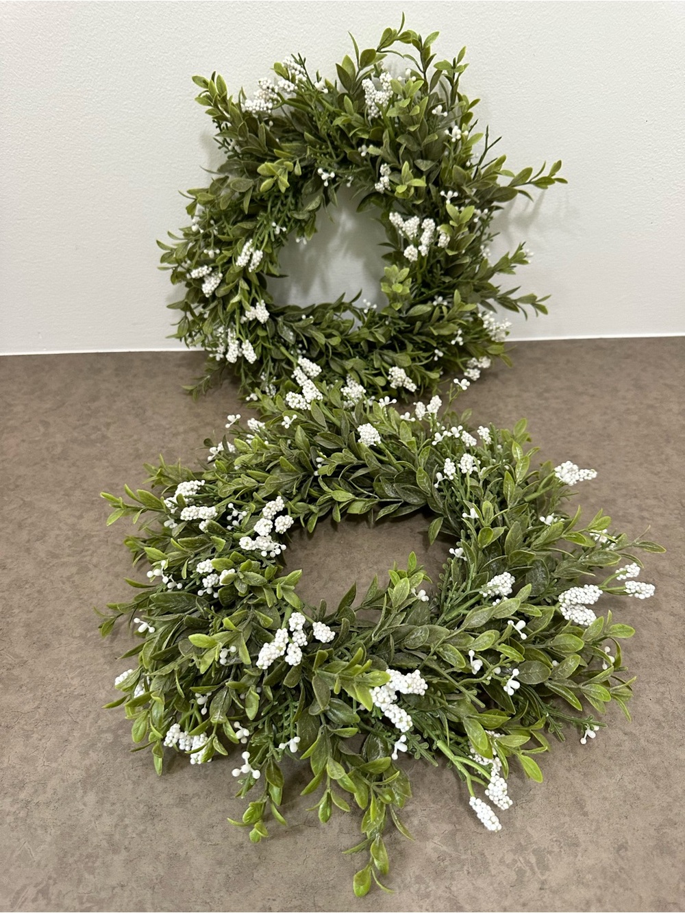 Lush Green Boxwood Wreath with White Berry Accents Faux 12-13” Set of 2 Match - Picture 8 of 15